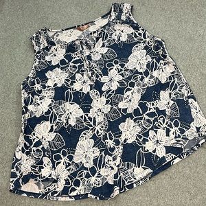 SJS Floral Top Plus Size 2XL Blue White Tank Stretchy Coastal Summer